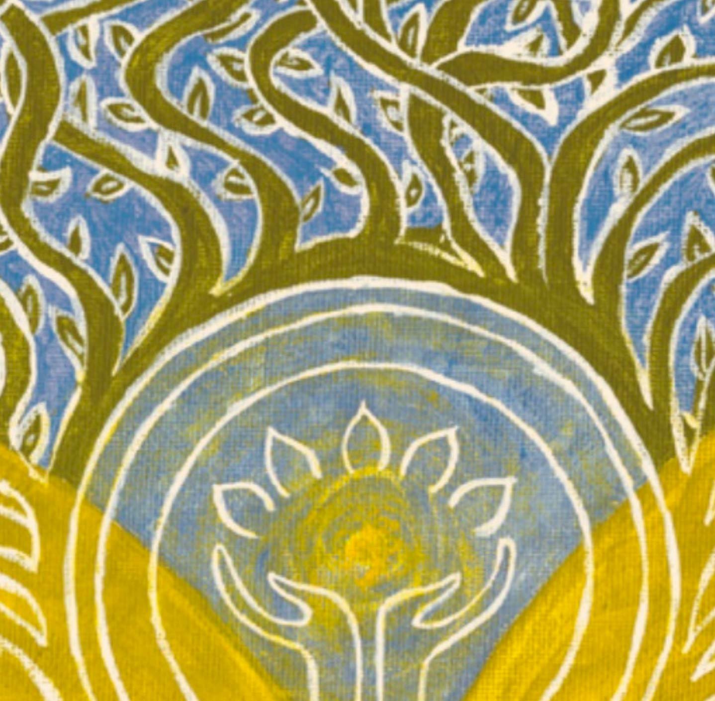 Yellow, green and blue simple painting with hands rising to a sun.